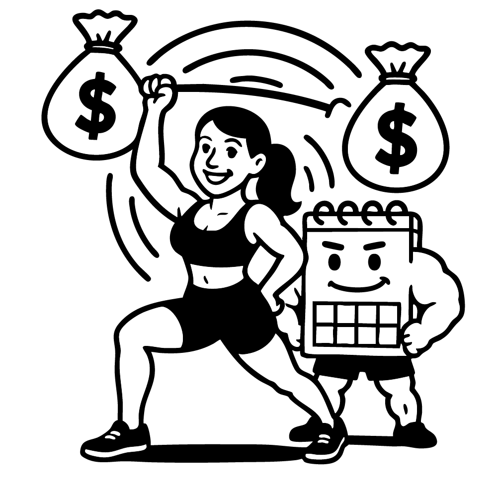 Umięśniona kobieta podnosząca sztangę na której są pieniądze